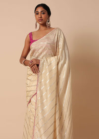 Beige Dola Silk Saree With Lurex Zari Stripes And Contrast Unstitched Blouse Piece