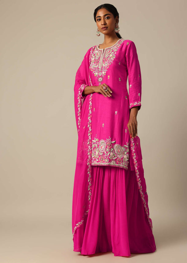 Pink Kurta Sharara Set With Resham Work