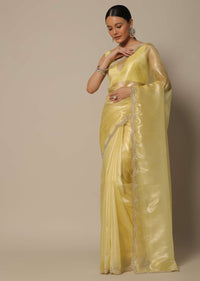 Yellow Tissue Silk Saree With Bead Work And Unstitched Blouse Piece