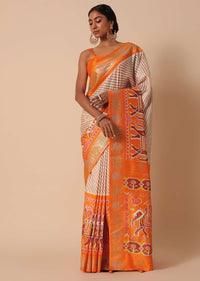 Orange Patola Printed Saree In Dola Silk With Foil Detail Pallu And Unstitched Blouse Piece