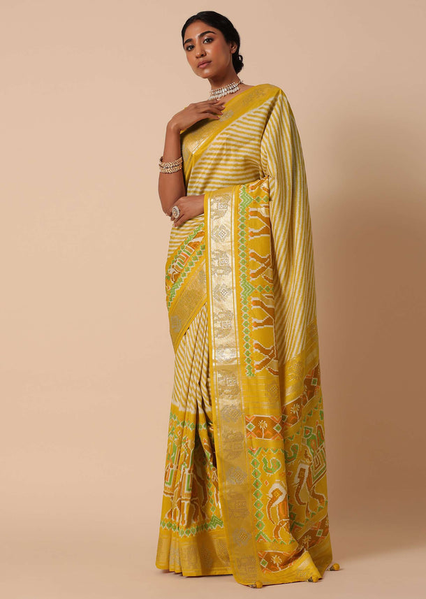 Yellow Patola Saree In Dola Silk With Foil Printed Border And Unstitched Blouse Piece