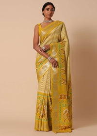 Yellow Patola Saree In Dola Silk With Foil Printed Border And Unstitched Blouse Piece