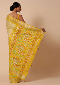 Yellow Patola Saree In Dola Silk With Foil Printed Border And Unstitched Blouse Piece