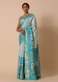 Sea Blue Patola Saree In Silk With Foil Worked Border And Unstitched Blouse Piece