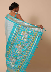 Sea Blue Patola Saree In Silk With Foil Worked Border And Unstitched Blouse Piece