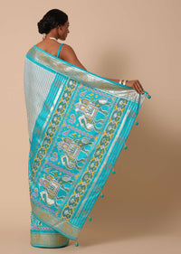 Sea Blue Patola Saree In Silk With Foil Worked Border And Unstitched Blouse Piece