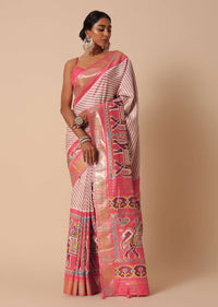 Peach Silk Patola Print Saree With Foil Worked Border And Unstitched Blouse Piece