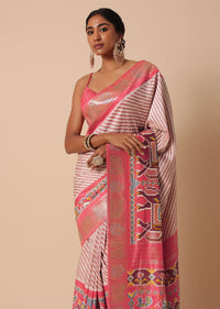 Peach Silk Patola Print Saree With Foil Worked Border And Unstitched Blouse Piece