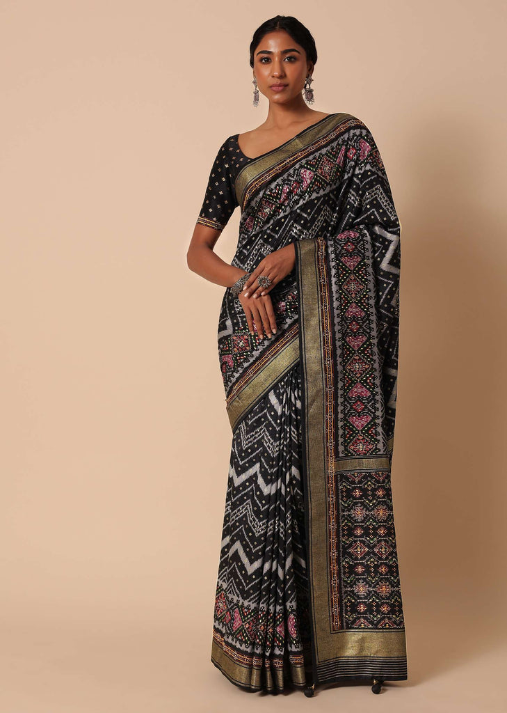 Black Silk Saree With Foil And Patola Print And Unstitched Blouse Piece