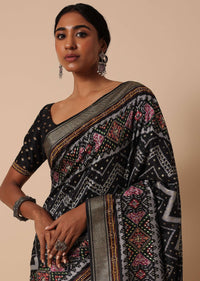 Black Silk Saree With Foil And Patola Print And Unstitched Blouse Piece