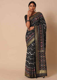 Black Silk Saree With Foil And Patola Print And Unstitched Blouse Piece