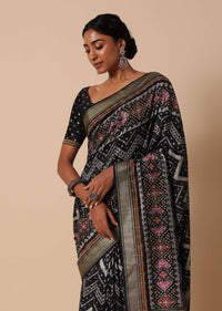 Black Silk Saree With Foil And Patola Print And Unstitched Blouse Piece