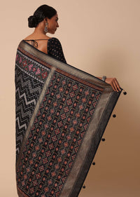 Black Silk Saree With Foil And Patola Print And Unstitched Blouse Piece