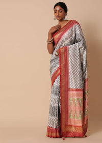 Grey Dola Silk Saree With Patola Print And Unstitched Blouse Piece