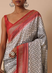 Grey Dola Silk Saree With Patola Print And Unstitched Blouse Piece