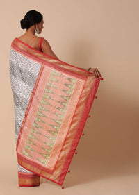 Grey Dola Silk Saree With Patola Print And Unstitched Blouse Piece