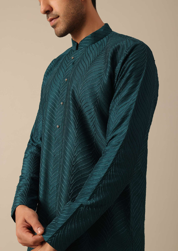 Teal Embroidered Kurta And Pant Set In Dupion Silk