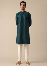 Teal Embroidered Kurta And Pant Set In Dupion Silk