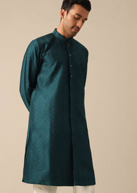 Teal Embroidered Kurta And Pant Set In Dupion Silk