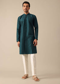 Teal Embroidered Kurta And Pant Set In Dupion Silk