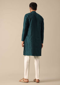 Teal Embroidered Kurta And Pant Set In Dupion Silk