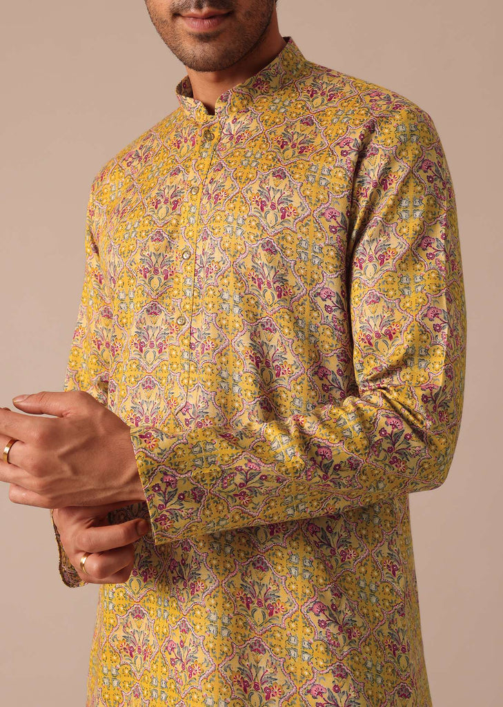 Yellow Satin Printed Kurta Set