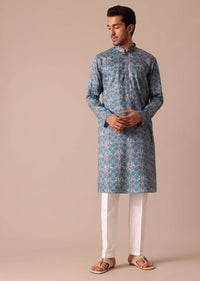 Blue Printed Kurta Set In Satin