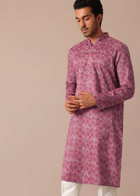 Pink Printed Kurta and Pant Set in Satin