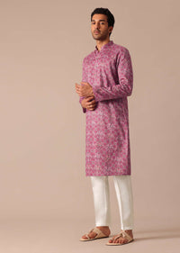 Pink Printed Kurta and Pant Set in Satin