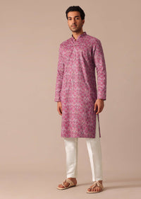 Pink Printed Kurta and Pant Set in Satin