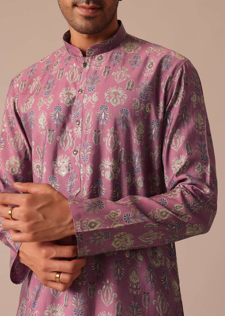 Pink Printed Kurta And Pant Set In Silk