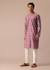 Pink Printed Kurta And Pant Set In Silk