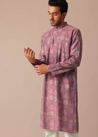 Pink Printed Kurta And Pant Set In Silk