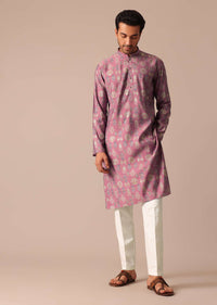 Pink Printed Kurta And Pant Set In Silk