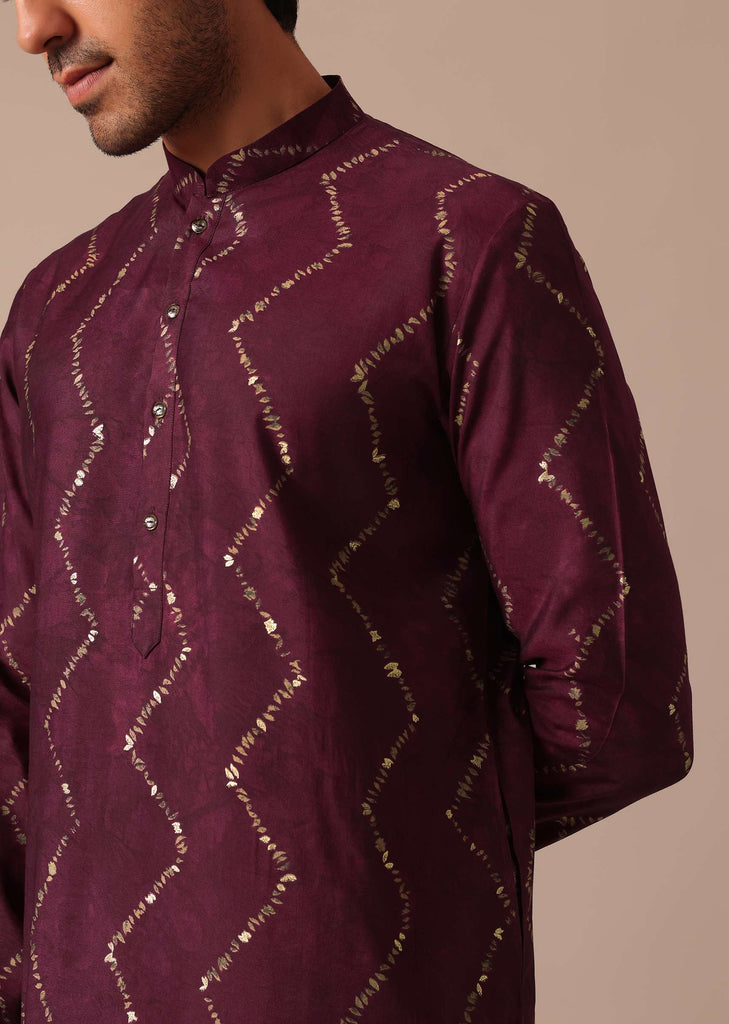 Wine Foil Printed Kurta And Pant Set In Silk