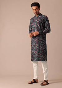 Bottle Green Printed Kurta Set With Front Zipper