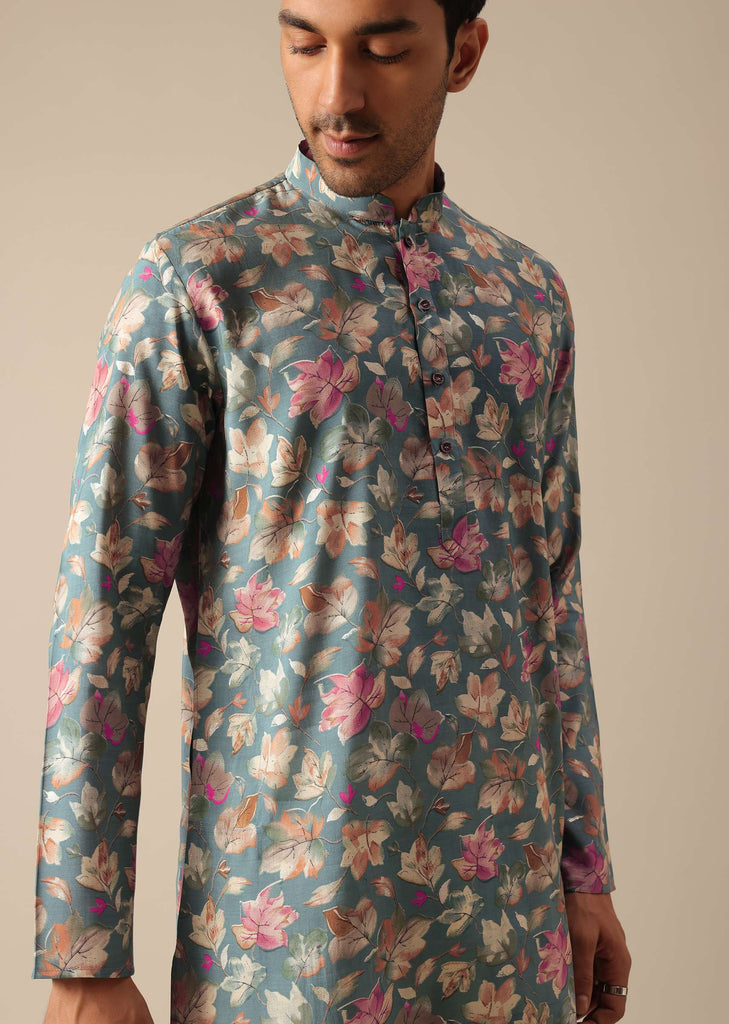 Blue Floral Print Kurta And Pant Set In Viscose Silk