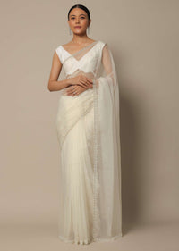 White Organza Saree With Scallop Cutdana Border And Unstitched Blouse Piece