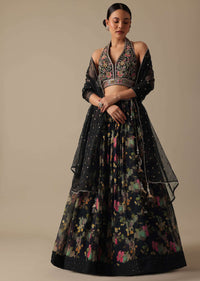 Black Organza Lehenga Set With Heavy Embroidered Halter Neck Choli