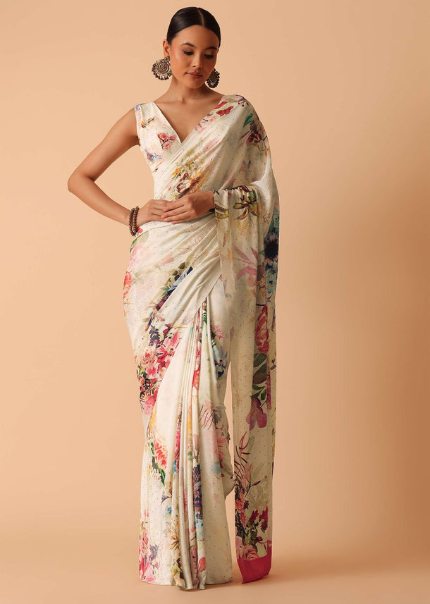 White Floral Printed Saree In Satin With Unstitched Blouse Piece
