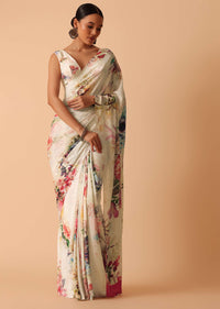 White Floral Printed Saree In Satin With Unstitched Blouse Piece