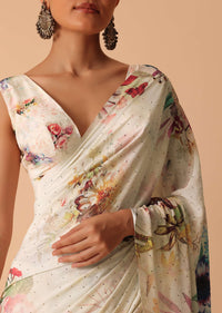 White Floral Printed Saree In Satin With Unstitched Blouse Piece