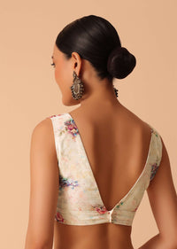 White Floral Printed Saree In Satin With Unstitched Blouse Piece