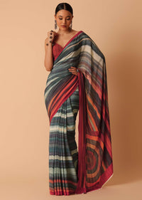 Red Diagonal Stripes Printed Satin Saree With Unstitched Blouse Piece