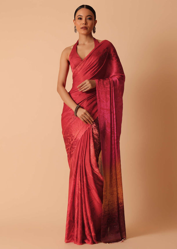 Red Satin Saree With Stone Embellishments And Unstitched Blouse Piece