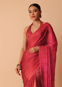 Red Satin Saree With Stone Embellishments And Unstitched Blouse Piece