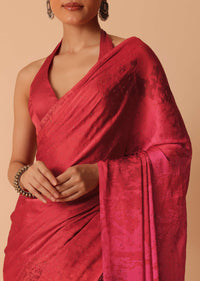 Red Satin Saree With Stone Embellishments And Unstitched Blouse Piece