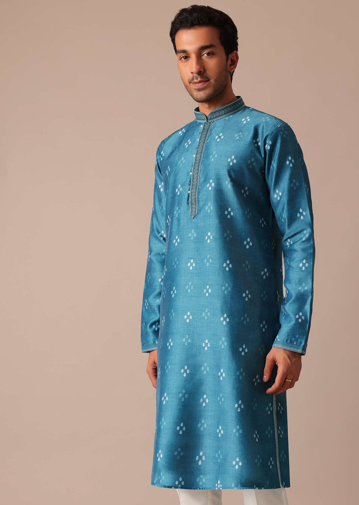 Blue Chanderi Silk Printed Kurta Set With Embroidered Detail