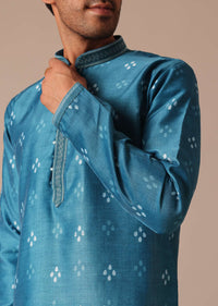 Blue Chanderi Silk Printed Kurta Set With Embroidered Detail