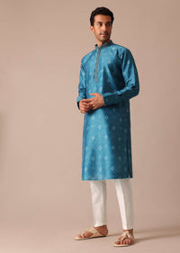 Blue Chanderi Silk Printed Kurta Set With Embroidered Detail